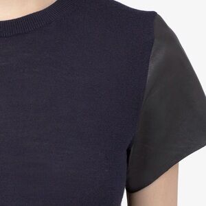 Vince 100% Wool T-Shirt Top Sweater with Lambskin Leather Sleeves - Navy/Black L